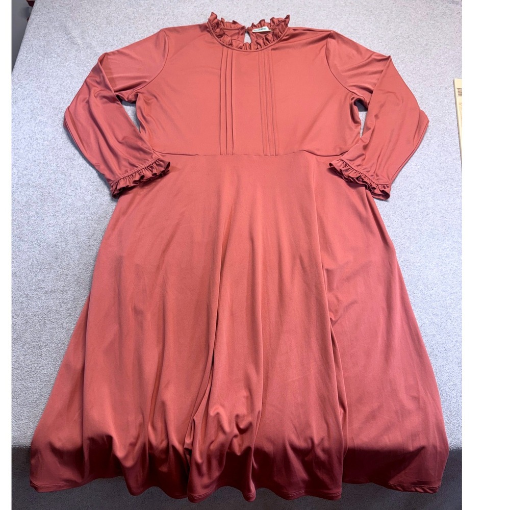 KOH KOH Womens 3X Pink Midi Dress Long Sleeve Ruffle Neck Modest Cottagecore